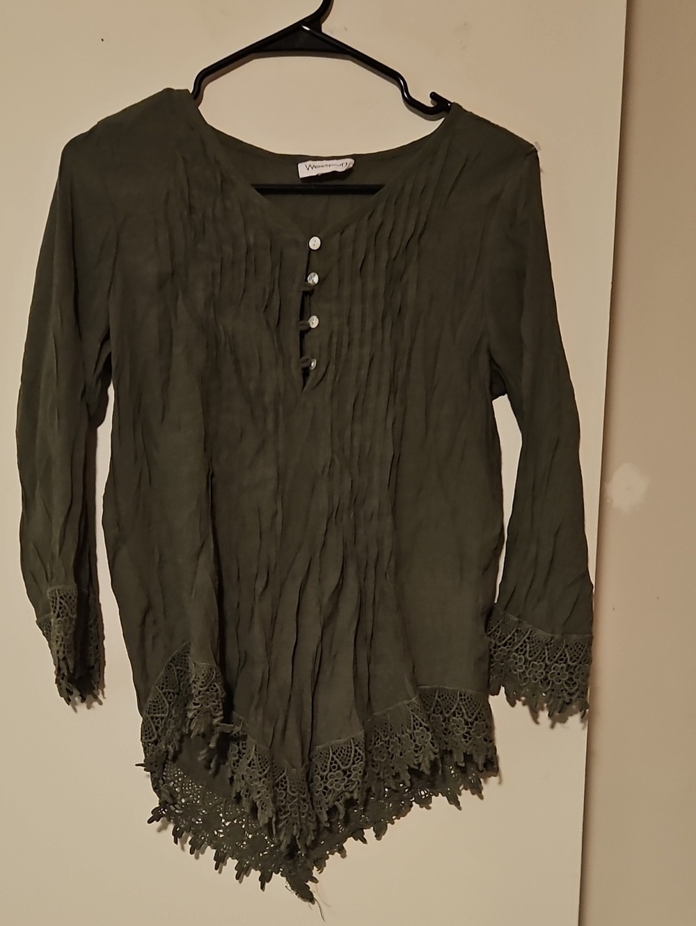 Westport Olive Pintuck Tunic with Crochet Lace Hem